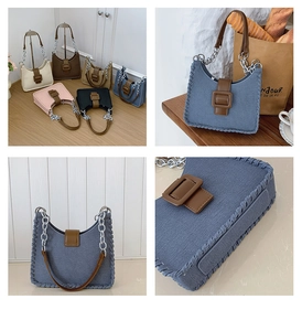 Détails de sacs en denim multicolores avec bords tissés et fermeture à grande boucle