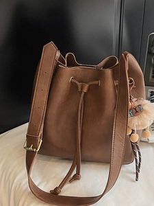 Retro Women Synthetic Leather Bucket Bag Fashion Drawstring Shoulder Crossbody Handbag With Cute Plush Charm Large Capacity Versatile Daily Urban Purse