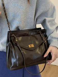 Large capacity dark brown faux leather shoulder tote with metal chain and turn lock