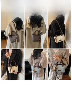 Chic bucket bag set in coffee, white, and gray with wood bead charms shown on models