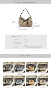 Detailed size specifications and color matrix for the retro large capacity PU tote bag