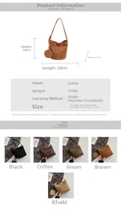 Guide des tailles pour sac seau en daim avec dimensions 18x24cm et cinq couleurs