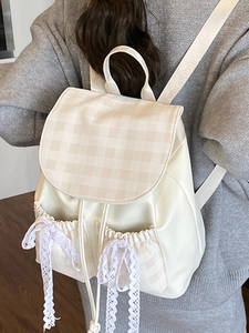 Schicker beiger Damenrucksack mit Karomuster und Schleifen für Schule und Alltag