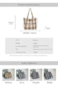 Detailed chart showing plaid canvas tote bag dimensions with four color variations