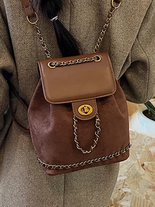 Retro dark brown suede chain backpack for women with gold twist lock and elegant texture