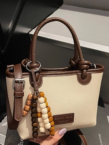 Minimalist Women Small Bucket Shoulder Bag Splicing PU Leather Crossbody Bag With Beaded Charm Fashion Tote Bag For Daily