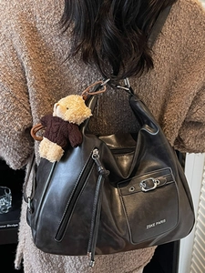 Grand sac cabas noir pour femme avec logo ZSKE PARIS et pendentif ours en peluche mignon