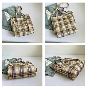 Detailed views of checkered canvas tote bag with thick shoulder strap and flat bottom design