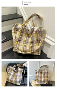 Detail of yellow plaid tote bag featuring Yes Honey print and adjustable shoulder strap