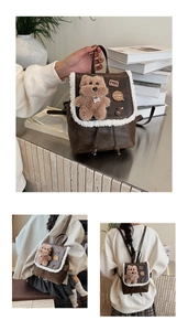 Detail of vintage brown plaid backpack with white faux fur trim and cute bear charm