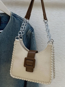 Sac Sous l'Aisselle Femme Vintage Couleur Contrastée Mode Cuir PU Grande Capacité Sac à Bandoulière Avec Chaîne Détail Surpiqûres