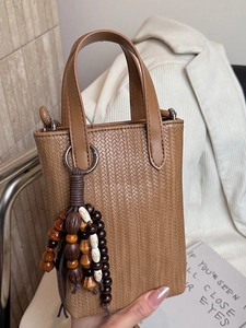 Vintage Woven Texture PU Leather Mini Shoulder Bag For Women Small Square Mobile Phone Bag With Wood Bead Tassel Crossbody Bag