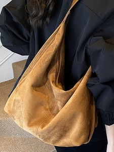 Brown suede leather tote bag for women with large capacity and minimalist casual design