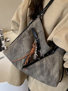 Retro large-capacity tote bag in washed dark taupe with leather straps and side charm