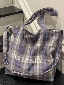 Women Large Capacity Plaid Canvas Tote Bag Korean Literary Gingham Shoulder Crossbody Bag With Letter Embroidery Honey Top Handle Bag