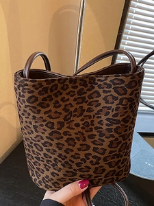 Women Leopard Print Bucket Bag Fashion PU Leather Shoulder Bag Retro Small Phone Bag Casual Commuting Crossbody Bag Mini Tote