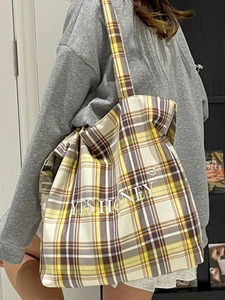 Large checkered canvas tote bag with 'YES HONEY' text and smiley face pattern