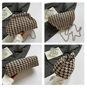 Detailed four-way view of houndstooth crossbody shell bag with silver chain strap