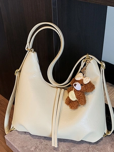 Women's Vintage Large Capacity PU Leather Tote Bag Casual Slouchy Shoulder Bag Commuter Hobo Bag With Bear Pendant