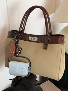 Women Fashion Urban Simple PU Leather Tote Bag Contrast Color Contrast Design Shoulder Bag With Multi Pendant Charms Office Handbag