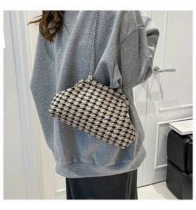 Fashionable houndstooth cloud bag with silver chain strap shown on a model side view