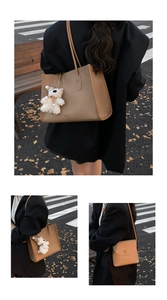 Detail of lychee pattern leather tote and flap bag with cute plush bear charm