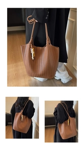 Detail of a brown woven tote bag featuring decorative colorful beads and spacious design