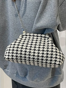 Fashion houndstooth crossbody bag with chain strap and vintage metal clasp for women