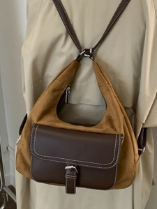 Retro caramel suede and brown leather hobo bag with contrast stitching and metal buckle