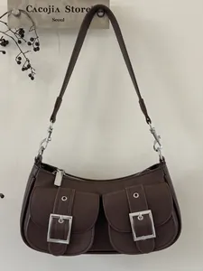 Dunkelbraune Leder-Umhängetasche im Retro-Stil mit zwei Vordertaschen und Silberschnallen
