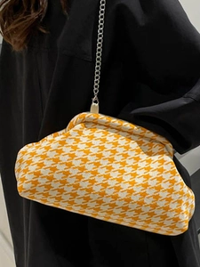 Fashionable orange houndstooth cloud pouch bag with silver chain strap for women