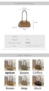 Tableau détaillé montrant les dimensions et six couleurs du sac à main rétro en PU