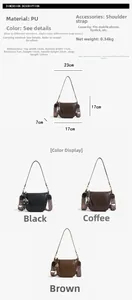 Detailed size chart for retro bucket bag with wide strap and dimensions table