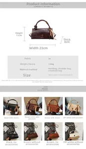 Detail view of vintage PU leather handbag with metal lock and woven handle, 23x11x8cm