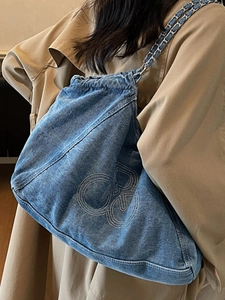 2025 Large denim tote bag with artistic white logo and metal chain strap for women