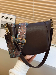 Women Vintage PU Leather Bucket Shoulder Bag With Wide Geometric Strap Fashion Korean Style Crossbody Bag For Daily Commuting