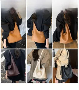Collage of minimalist leather bucket bags in brown, coffee, cream, and black styles