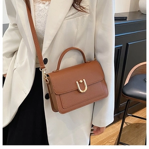 Close-up of brown pebbled leather crossbody bag with golden horseshoe buckle on model