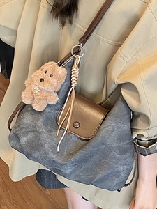 Vintage canvas tote bag with brown leather trim and cute puppy charm for women