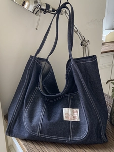 Women Large Capacity Denim Tote Bag With Contrast White Stitching Casual Shoulder Bag For Shopping School Daily Use