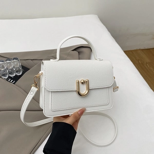 Detail of white lychee pattern small square bag with polished golden U-shaped lock
