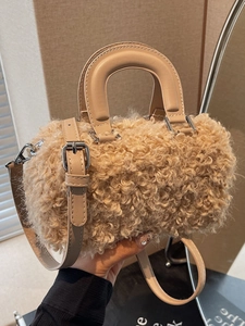 Women New Autumn Winter Faux Sherpa Plush Boston Bag Fuzzy Handbag Small Shoulder Crossbody Bag With PU Leather Handle