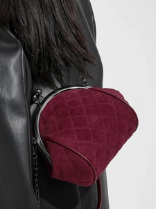 Burgundy quilted velvet shell bag with metal chain strap and retro clasp closure