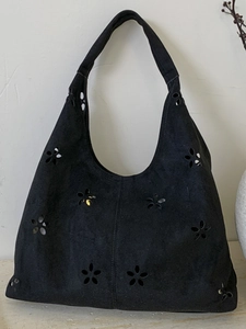 Chic black cutout floral tote bag in faux suede for women's daily commute shoulder wear