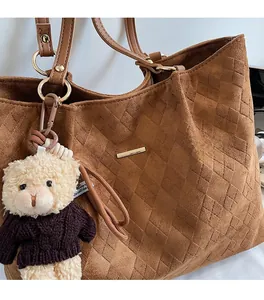 Detail of caramel brown tote bag with woven texture, gold metal rings and bear charm