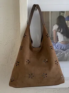 Women Fashion Suede Hollow Out Floral Laser Cut Large Capacity Tote Bag Commute Shoulder Bag Vintage Bohemian Hobo Bag