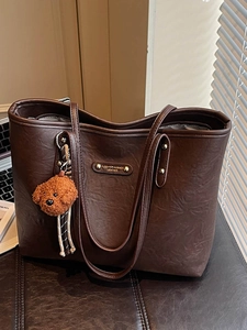 Women Casual PU Leather Tote Bag Large Capacity Shoulder Bag With Plush Puppy Charm Minimalist Office Commute Handbag