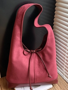 Sac à Épaule Vintage en Suédine Patchwork pour Femmes Grande Capacité Décor de Nœud Français Sac Hobo Urbain Minimaliste