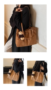 Detail of woven texture on caramel tote bag with cute bear charm and leather strap