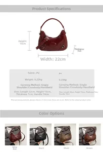 Detailed view of semi-circular PU leather bags in burgundy, black, khaki, and brown colors